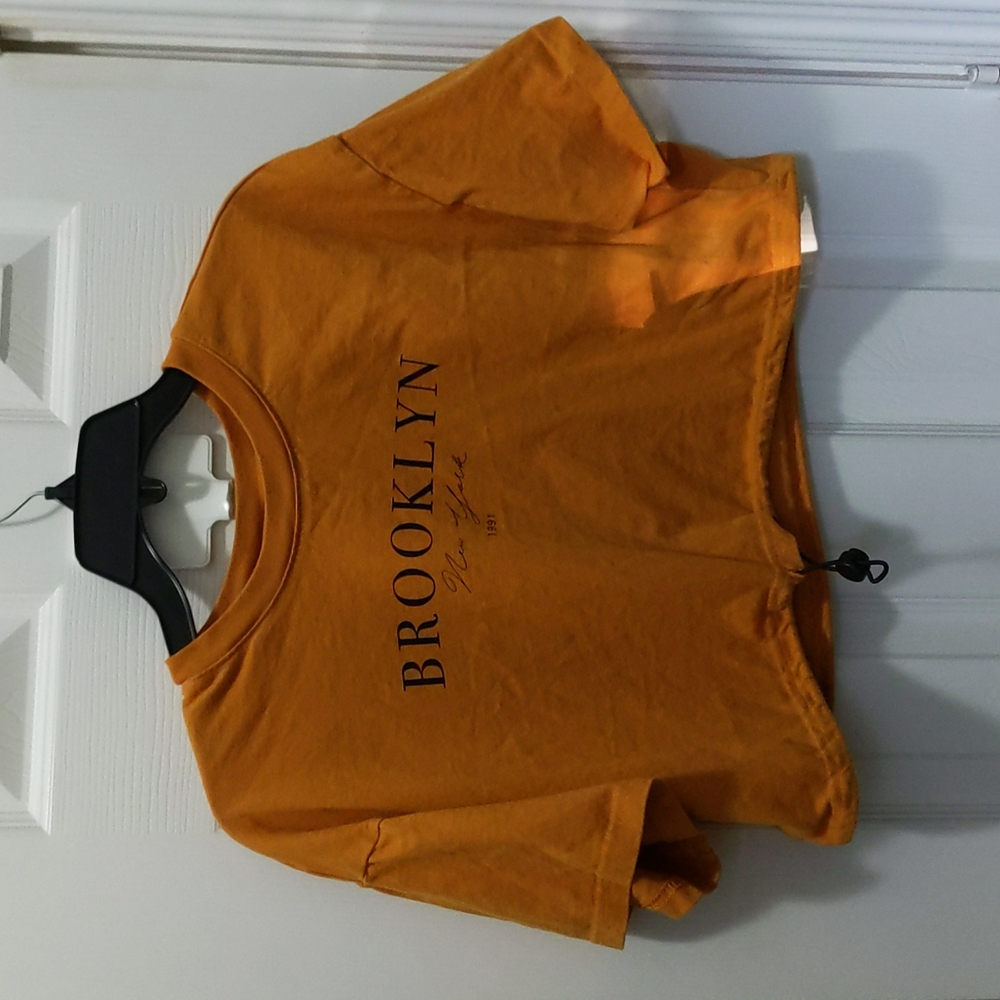 Forever 21 women's mustard yellow Brooklyn New York draw string tee